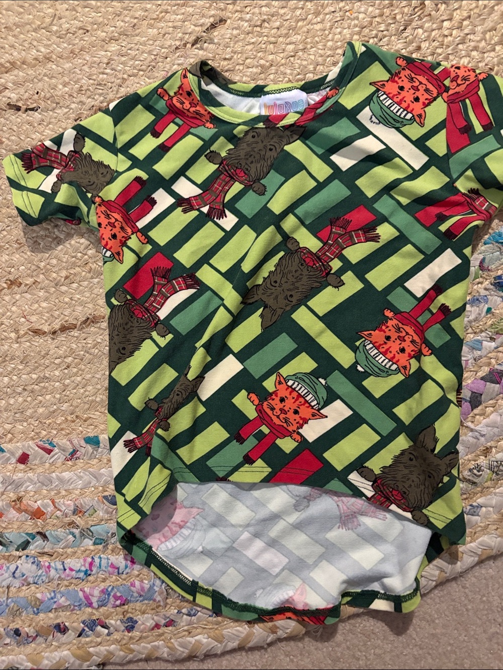 LuLaRoe Green Kids Tee with Orange Fox and Brown Bear Print